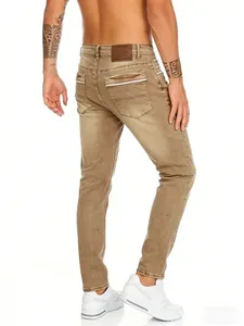 Men's classic light brown stretch denim jeans in a stylish straight-leg fit.