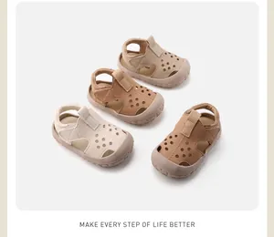 Detailed view of four earth-toned toddler sandals featuring breathable hollow designs