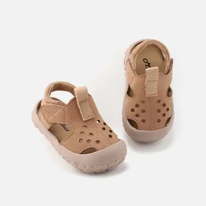 Breathable toddler soft sole sandals with hollow-out design in camel brown color