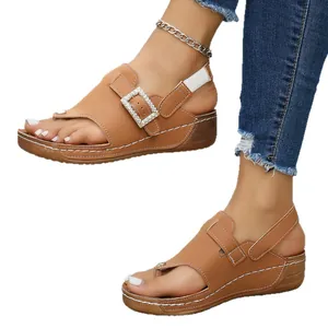 Stylish brown wedge sandals for women with rhinestone buckle and elastic back strap