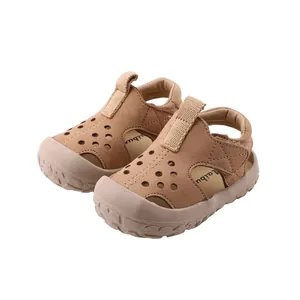 Breathable brown leather toddler sandals with soft non-slip soles for outdoor use
