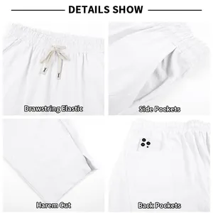 Close-up details of men's linen harem trousers showing drawstring waist and pockets