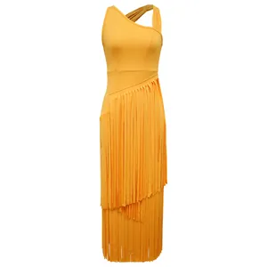 Elegant yellow fringed maxi dress with asymmetric one-shoulder design.