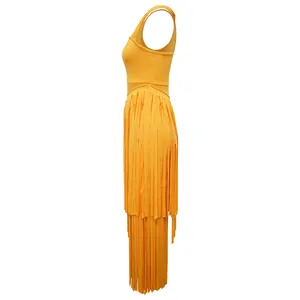 Side view of elegant orange sleeveless fringe evening dress with tiered layers
