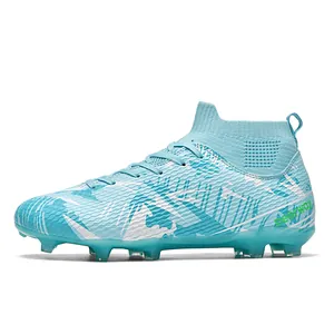 Professional turquoise camo high-top soccer cleats with firm ground spikes for training