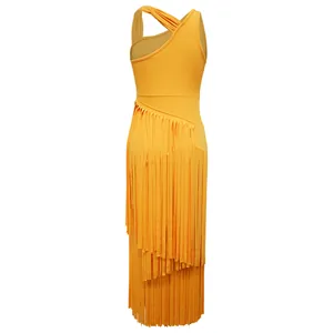 Back view of a vibrant yellow fringe dress showing asymmetric strap details and tassels