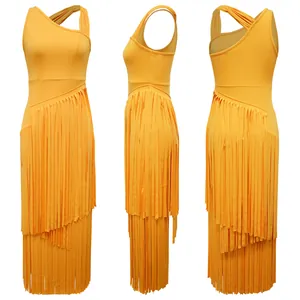 Detailed three-angle view of an elegant yellow bodycon dress with fringe layers.