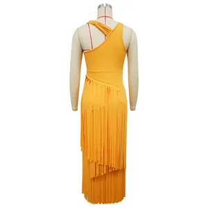 Detailed back view of an elegant yellow one-shoulder fringe dress on a dress form mannequin