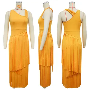 Detailed three-way view of a bright orange solid color fringe slim fit maxi dress.