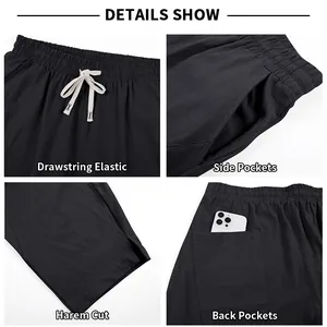 Close-up details of men's casual harem pants featuring elastic drawstring waist and pockets