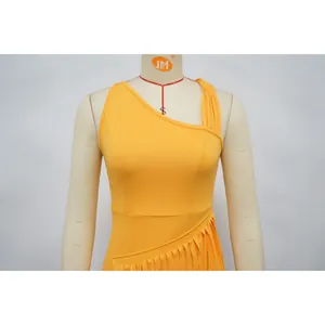 Detailed view of yellow one-shoulder elegant evening dress with pleated asymmetric hem