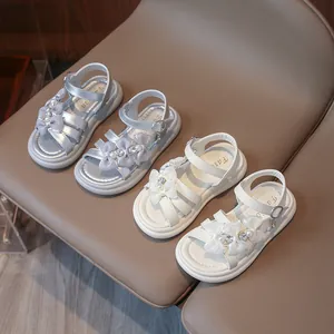 Girls Princess Sandals Korean Style Bowknot Artificial Pearl Rhinestone Soft Sole Anti-slip Summer Beach Open Toe Casual Dress Shoes