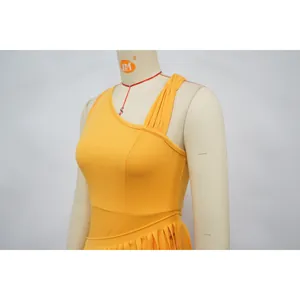 Close-up of elegant yellow one-shoulder slim fit dress with pleated shoulder detail