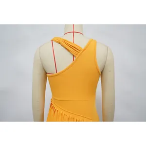 Detailed back view of yellow one-shoulder evening dress featuring pleated fringe detail