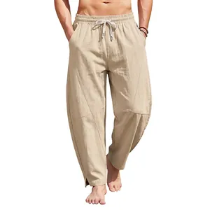 Men's summer loose linen casual pants with drawstring waist and curved seam detail