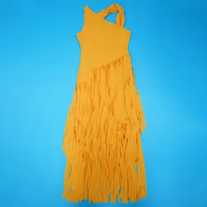 Detailed view of yellow one-shoulder fringe dress with elegant slim fit design