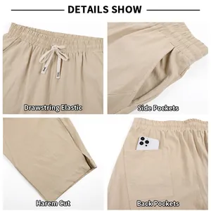 Detailed features of men's casual linen harem pants with drawstring waist and side pockets