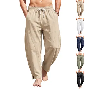 Men's Casual Cotton Linen Patchwork Harem Pants Summer Beach Drawstring Trousers Loose Fit Lightweight Daily Bottom Wear