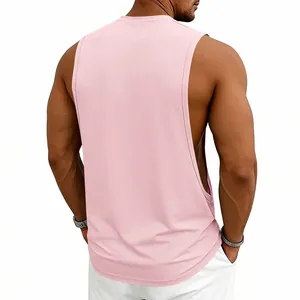 Back view of a pink men's gym stringer tank top with deep-cut armholes for training