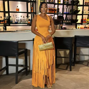 Elegant orange one-shoulder maxi dress featuring long layered fringes for evening parties