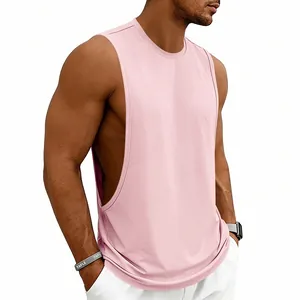 Detail showing the low-cut armhole design of a pink men's gym training tank top