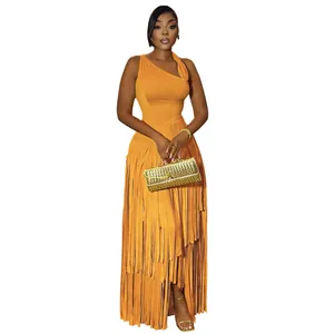 Elegant orange one-shoulder maxi dress featuring long tiered fringe skirt details