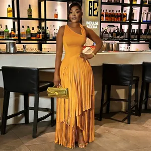 Elegant orange one-shoulder evening dress featuring long fringe tassel skirt detail