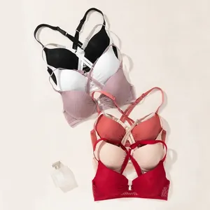 Front closure push-up bra with criss-cross back straps in multiple colors