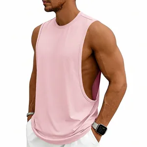 Detail view of pink men's fitness tank top featuring a wide armhole muscle cut design