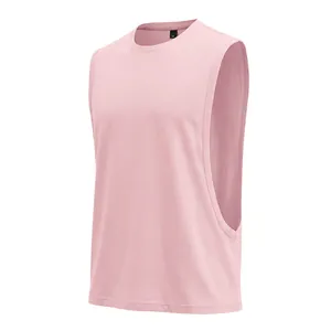 Detailed side view of pink sleeveless cotton gym training muscle tank top for men