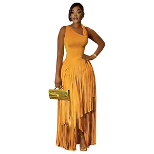 Elegant orange one-shoulder maxi dress featuring tiered long fringe details for women
