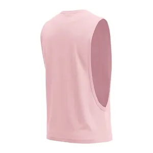 Back detail of men's pink sleeveless gym tank top with large armholes for fitness.