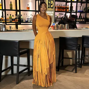 Elegant one-shoulder orange fringe maxi dress for evening parties and events