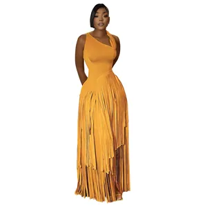 Elegant mustard yellow one-shoulder maxi dress featuring long stylish tassel fringe detail