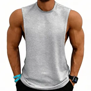 Detailed view of grey gym tank top with deep cut armholes for men's fitness training