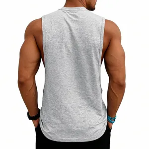 Back view of gray loose fitness tank top for men showing detailed muscular fit