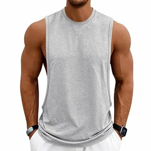 Detailed front view of a gray muscle tank top with deep armholes on a fit male model