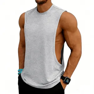 Men's grey bodybuilding gym tank top with deep cut side for summer fitness training.