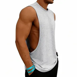 Close-up detail of grey loose-fit gym tank top with wide side cut-out for men