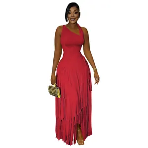 Elegant red one-shoulder fringe maxi dress for evening parties and upscale formal occasions.