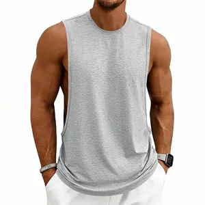 Close-up of men's low-cut grey fitness tank top showing muscle definition