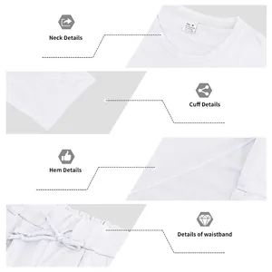 Detailansicht des weißen Herren-Sportsets mit Details zu Ausschnitt, Ärmel, Saum und Bund.