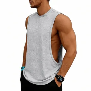Detailed view of men's gray sleeveless fitness tank top for gym training and workout
