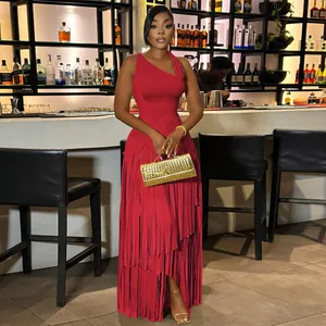 Elegant red sleeveless fringe evening dress with a slim-fit, one-shoulder design