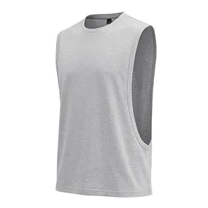 Detail view of a grey men's loose fitness tank top for gym training and basketball