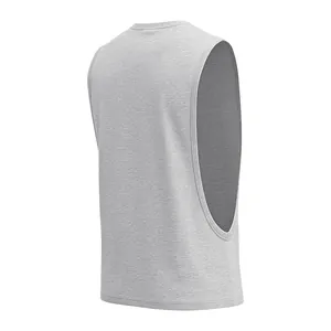 Rear view of men's gray muscle tank top with large armholes for gym workout.