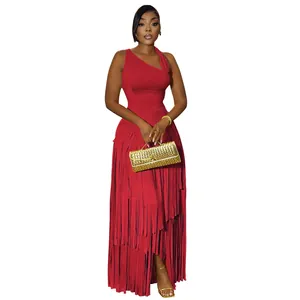 Elegant red one-shoulder maxi evening dress featuring detailed cascading fringe layers for party.