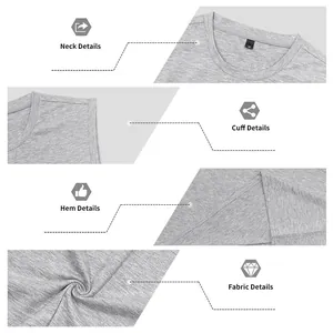 Detailed views of grey athletic tank top showing neck, cuff, hem, and fabric
