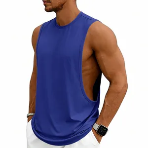 Detail view of blue men's fitness tank top featuring deep-cut armholes and smooth fabric.
