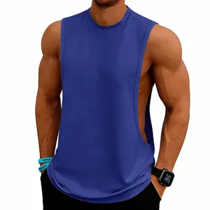Front view of a blue men's sleeveless muscle tank top for gym and fitness training